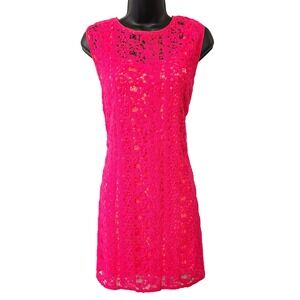 Elie Tahari Hot Pink Lace Orange Lining Sleeveless Shift Dress US 10